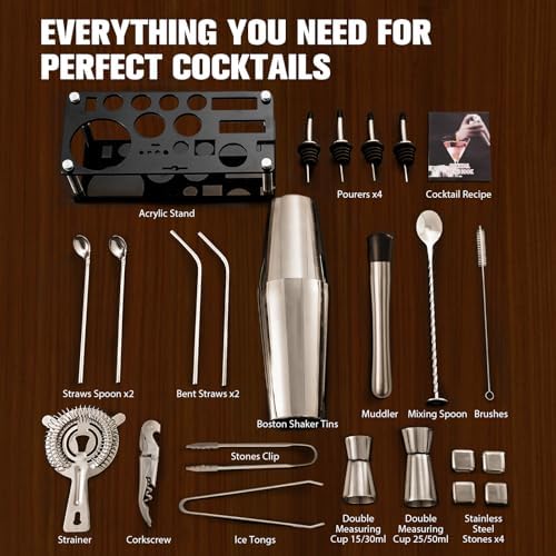 KINGROW Cocktail Shaker Set, 23 Piece Bartender Kit with Stand Silver