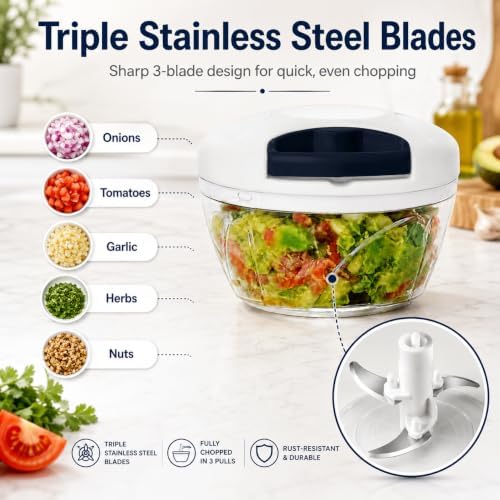 Pull String Food Chopper, 500 mL Manual Vegetable Cutter
