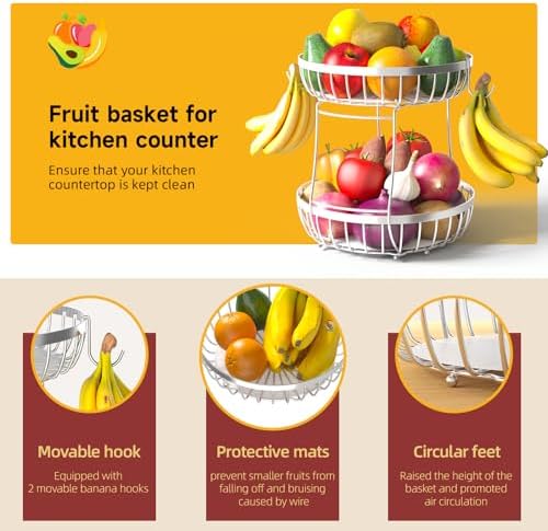 Sevenblue 2 Tier Fruit Bowl for Kitchen Counter, Silvery, Extra Large