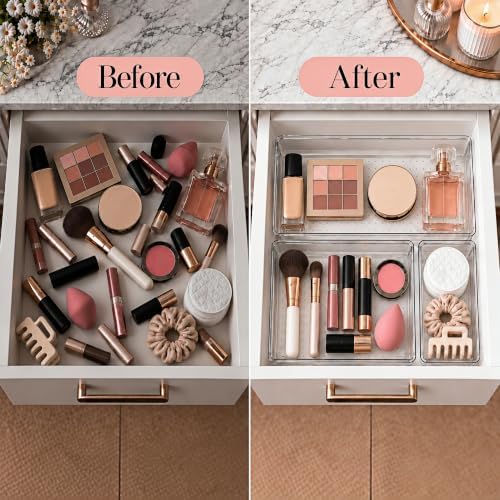 10 Pack Large Clear Drawer Organizer Trays, 3 Sizes, Non-Slip