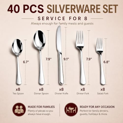 KIKCOIN 40 Pack Silverware Set for 8, Food-Grade Stainless Steel