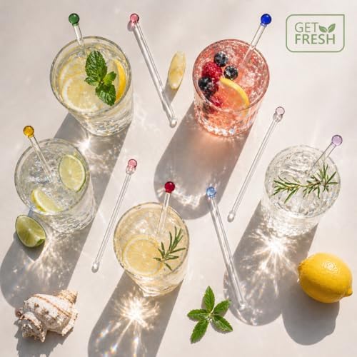 GET FRESH Glass Cocktail Stirrers Set – 8pcs Reusable Long Coloured