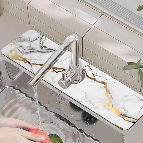 Faucet Mat for Kitchen Sink White Gold Marble Texture Sink Splash