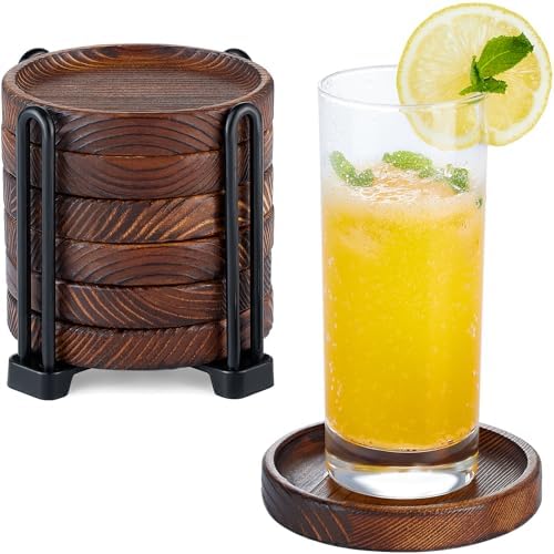 6Pcs Wooden Coasters for Drink-Acacia Wood Drink Coasters Set with