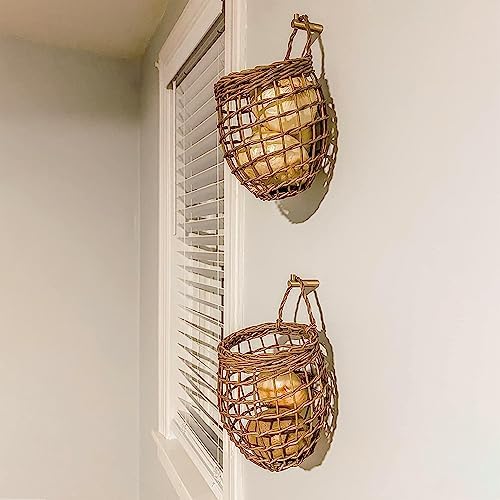 Elsjoy Set of 2 Hanging Onion Basket, Wall Mount Small Wicker Baskets
