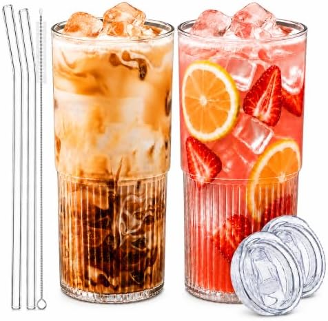 Luiaiog Glass Cups with Lids and Straws Set of 2, 18.6 oz Ribbed