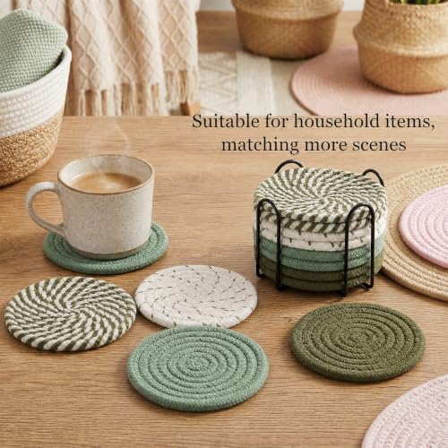 Drink Coasters Set of 8 with Holder, Cotton Woven,Olive Green