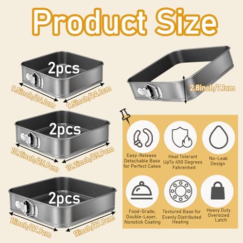 Springform Cake Pan Set of 6 (9.5, 10.2, 11 Inch 3 Sizes), Square