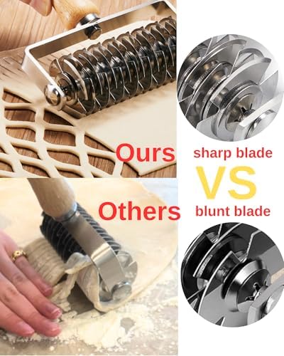 Pastry Lattice Roller Cutter, Stainless Steel Dough Cutter with Wood