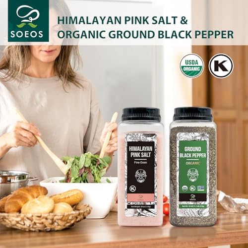 Soeos Pink Salt 39 Oz and Organic Ground Black Pepper 18oz