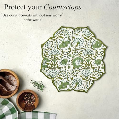 CPC Agate Green Block Print Cotton Floral Placemat 15x15 Inch, Set of