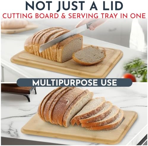 Bread Box for Kitchen Countertop, Homemade Bread - Bamboo Cutting Board Lid