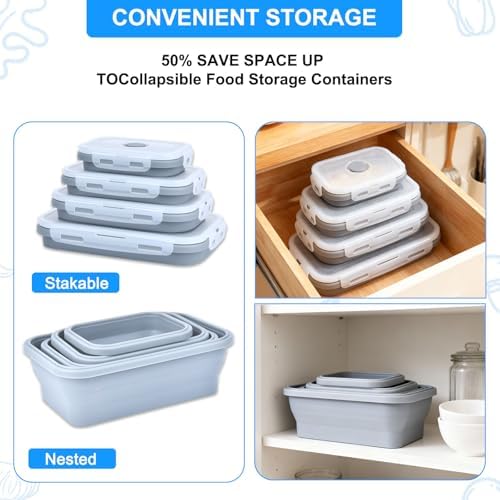 Collapsible Silicone Food Storage Containers 4 Set Airtight Leak Proof