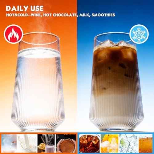 Greentainer Borosilicate Drinking Glasses Set of 6, 16 oz Clear Ribbed