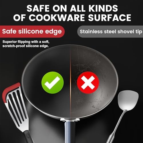 2Pcs Fish Spatula, Heat Resistant Silicone Edge for Nonstick Cookware