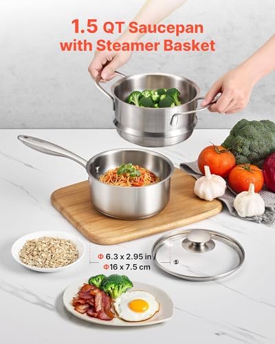 VEVOR 1.5 QT Saucepan with Steamer, Stainless Steel Saucepan with Glass Lid, Multipurpose Nonstick Stainless Steel Sauce Pot with Ergonomic Handle, Friendly for Oven, Dishwasher, Induction Cooker