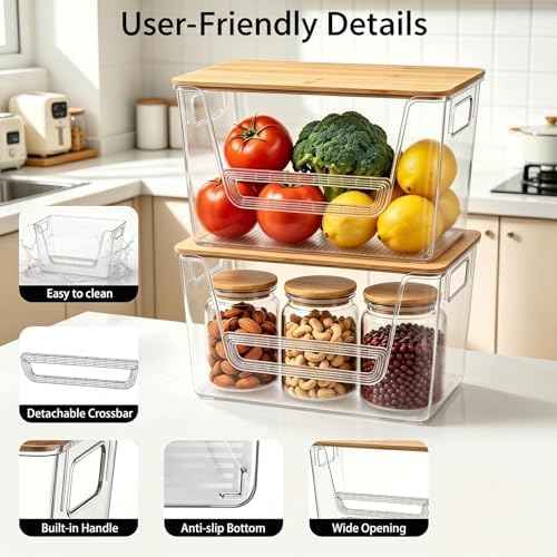 2 Pack Pantry Organizer and Storage with Bamboo Lid, Stackable Trash