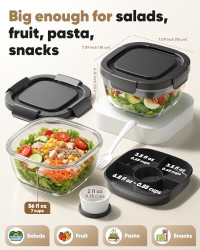 Canfanni Glass Salad Container, 56oz Bowl with Airtight Lids, Bento