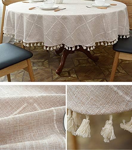 Dimatic Heavy Weight Cotton Linen Tablecloth, Plaid Tassel Round Table