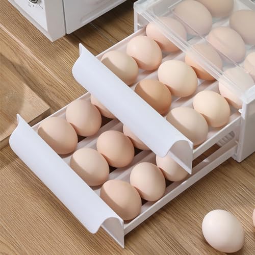 Eggs Dispenser with Double Drawers for Refrigerator, Cream Color