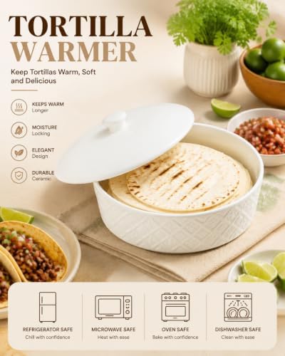 Large Tortilla Warmers with Lid 8.8 Inch, Embossed Ceramic Tortilla