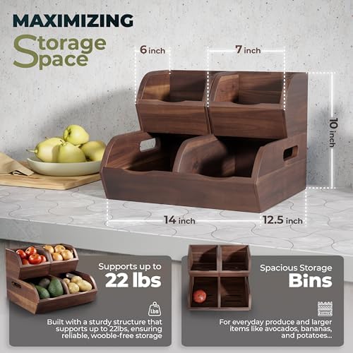 Acacia Wood Pantry Storage Bins - Stackable Open Front Kitchen Baskets
