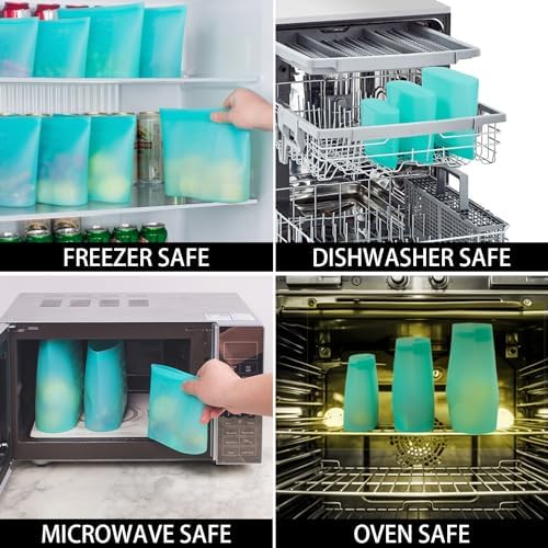 Reusable Food Bags, 8 Pack 100% Silicone Food Storage Bags Stand Up
