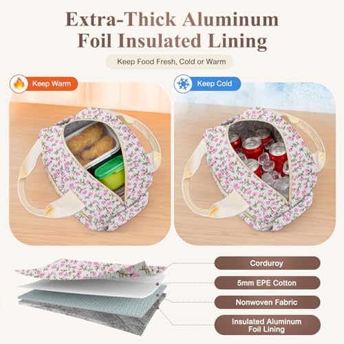 KUBYA Lunch Box for Women, Cute Flower Corduroy Insulated Lunch Bag