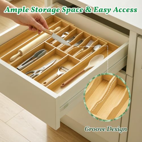 Bamboo Silverware Drawer Organizer, Expandable Utensil Tray, 17.3-30''