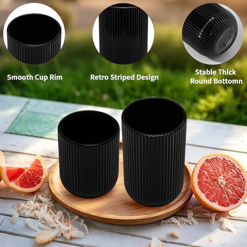 Black Ribbed Drinking Glasses Set of 12, 14 Oz Highball Glasses &