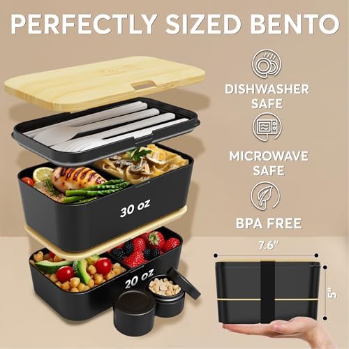 Umami Bento Box Adult, Stackable Lunch Box, 50 oz, Black& Bamboo