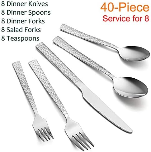 E-far Hammered Silverware Set for 8, 40 Pcs Stainless Steel Flatware Set