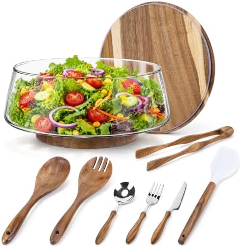 Large Glass Salad Bowl Set with Acacia Wood Base, Lid and Wood