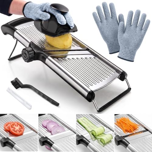 SAFI Adjustable Mandoline Slicer for Kitchen Mandoline & Vegetable Slicer Potato Slicer Fruit Slicer & Onion Cutter With Stainless Steel Blades Safety Hand Guard & Cut-Resistant Gloves Kitchen Gadgets