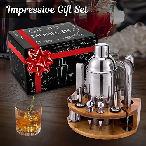Bartender Kit with Bamboo Stand, 12 Piece 25oz Cocktail Shaker Set