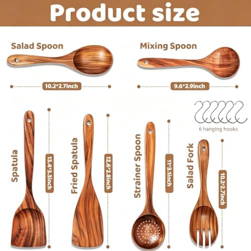 6-Piece Teak Wooden Utensil Set with Hooks