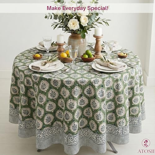 ATOSII Cotton Blockprint Round Tablecloth, Kari Green, 90 Inches
