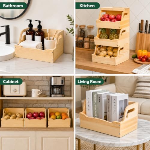 Wood Potato Onion Storage Bin, Stackable Pantry Organizer, Open Front