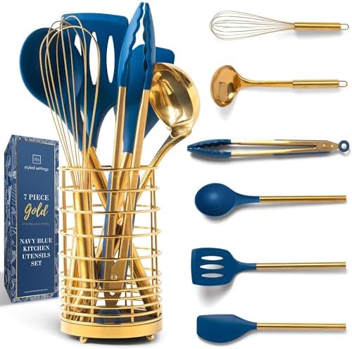 Styled Settings Gold and Navy Blue Kitchen Utensils Set, 7-Piece