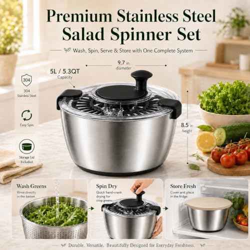 Large Salad Spinner 5.3 Qt with Stainless Steel Basket & Storage Lid, Black