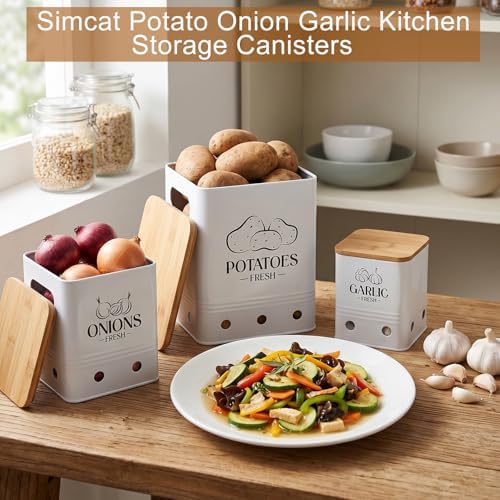 Kitchen Vegetable Storage Tins Set Of 3, Potato Onion Garlic Canisters