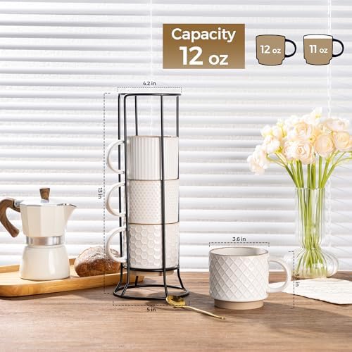 GBhome 12oz Stackable Coffee Mugs with Stand, Ceramic Coffee Cups Set