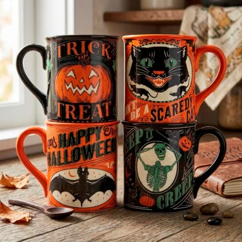 Halloween Mugs Set of 4 – Spooky Ceramic Coffee Cups with Vintage
