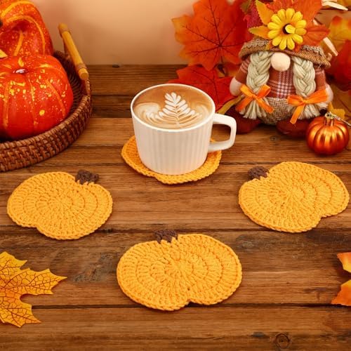 UPINS 6Pcs Pumpkin Crochet Coasters,Fall Themed Drinks Coasters Set