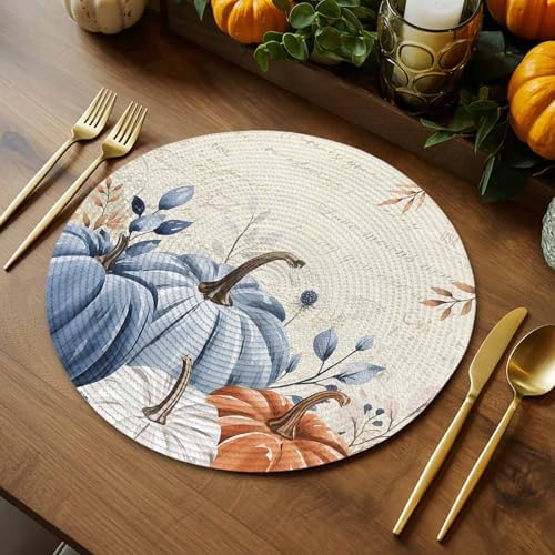 Fall Round Placemats Set of 4 Thanksgiving Blue Pumpkin Place Mats