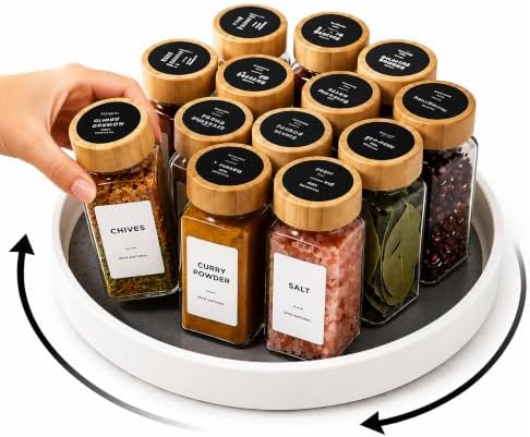 EHME EHME EHME 14 Pcs Glass Spice Jars Bamboo Lids with Lazy Susan