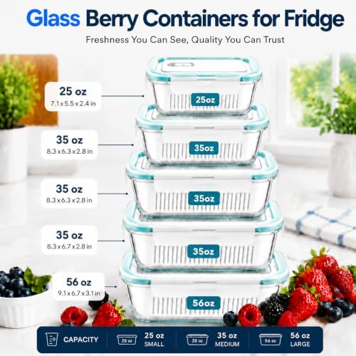 Glass Berry Containers for Fridge, 5 Pack