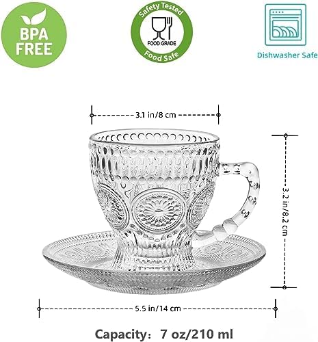 cosnou Vintage Glass Tea Cups with Saucers, Glass Mugs 7 Oz Set of 6