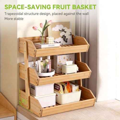 Fyvva 3 Tier Bamboo Fruit Basket with 2 Banana Hangers for Kitchen Counter