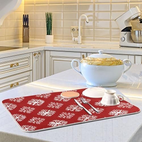 OTVEE Snowflake’ Red Canvas Dish Drying Mat for Kitchen Counter